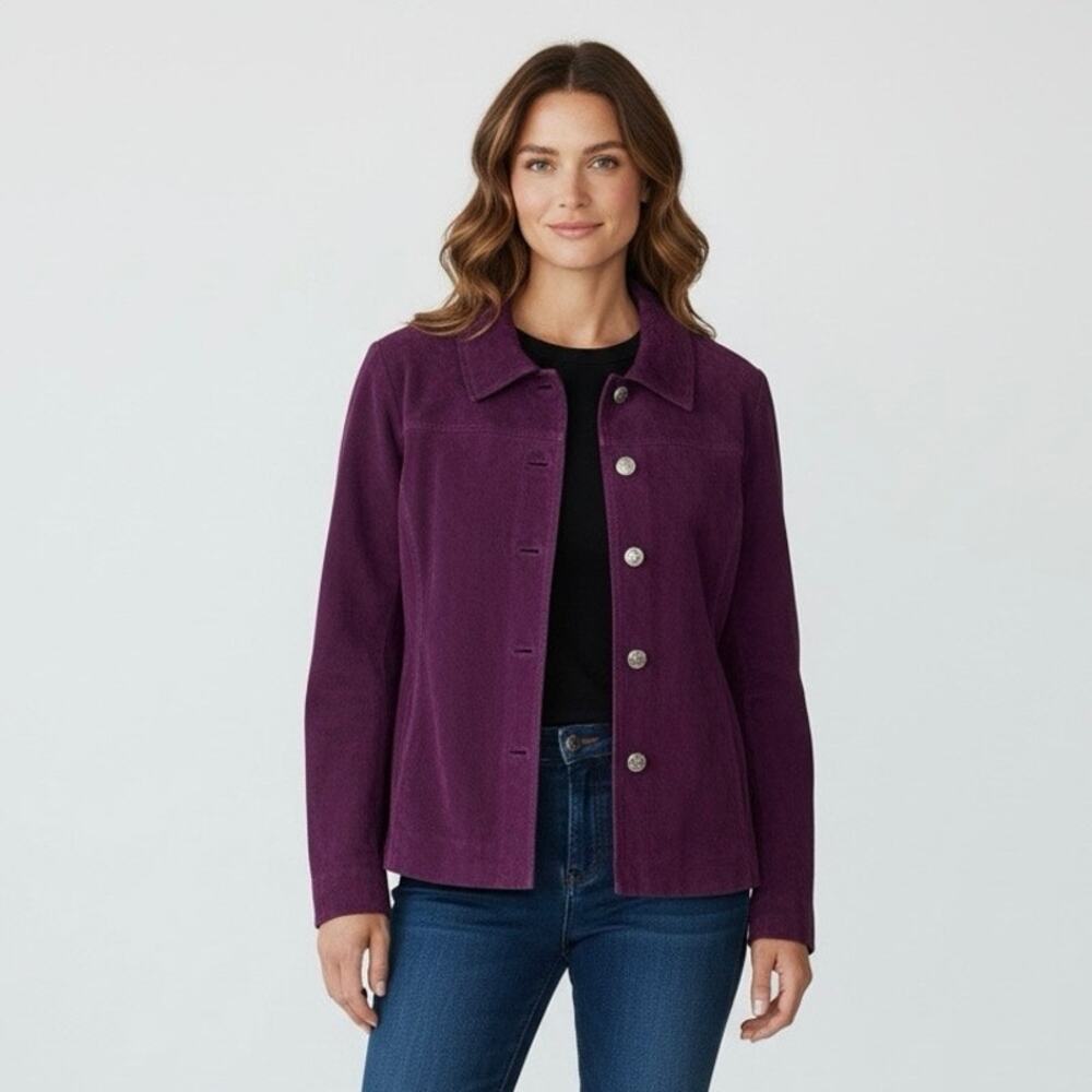 Christopher & Banks Sz M Suede Rich Plum Purple Leather Jacket Pockets Snaps